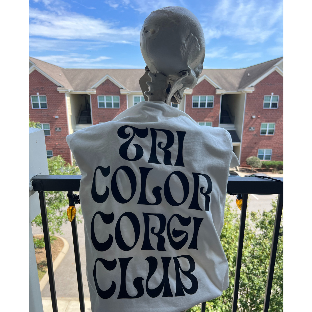 Tri Color Corgi Club Bella + Canvas T-Shirt Black on Vintage White